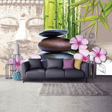 Eine Fototapete mit Buddha und Steinen mit Blumen in einem beruhigenden Design.
