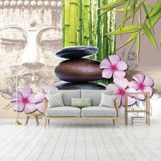 Eine Fototapete mit Buddha, Steinen und Blumen, ideal für das Wohnzimmer.