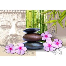 Fototapete mit einem ruhigen Buddha, umgeben von Steinen und Blumen.