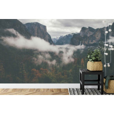 Eine Fototapete mit einer Kombination aus Schlafzimmer- und Wohnzimmer-Ambiente, inspiriert vom Yosemite-Nationalpark.