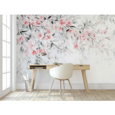 Fotobehang met verfijnde bloesemtakken in aquarelstijl in een stijlvol kantoor.