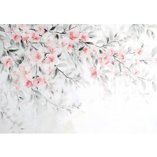 Fotobehang met zachte bloesemtakken in aquarelstijl in roze en pastelkleuren op een lichte achtergrond.