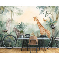 Fotobehang met zachte jungle safari, geschilderde giraffen en zebra’s in een kinderkamer.