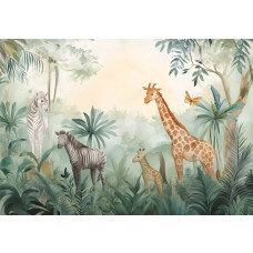 Fotobehang met zachte jungle safari, geschilderde giraffen en zebra’s.