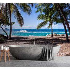 Fotobehang met zandstrand tussen palmbomen in blauwe tinten