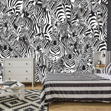 Eine Fototapete mit einem mzaļek eines Zebras, ideal für ein Wohnzimmer.