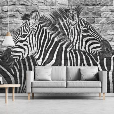 Fototapete mit der künstlerischen Darstellung eines Zebras auf einer rauen Steinwand, perfekt für ein Wohnzimmer.