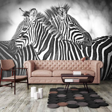 Eine Fototapete mit schwarzen und weißen Zebradrucken in einer afrikanischen Umgebung, ideal für das Wohnzimmer.