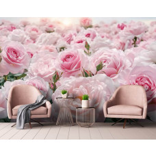 Fotobehang met een zee van roze rozen in een sfeervolle woonkamer.