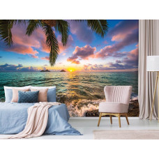 Fototapete mit tropischem Sonnenuntergang am Meer, wunderschön für das Schlafzimmer.