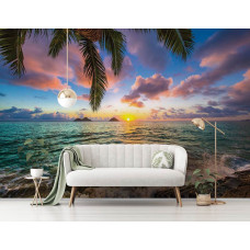 Fototapete Sonnenuntergang am Meer, Palmenblätter im Vordergrund, schafft eine warme und beruhigende Stimmung.