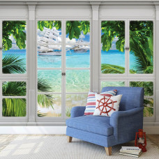 Fototapete Meerblick durch das Fenster in 3D-Perspektive mit Booten im Wohnzimmer.