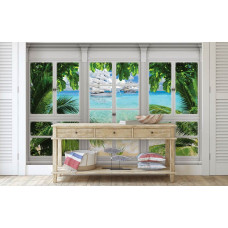 Fototapete Meerblick durch das Fenster mit Booten in 3D-Perspektive im Schlafzimmer.