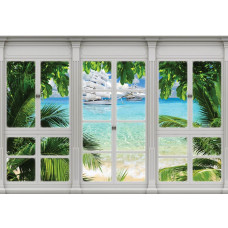 Fototapete mit Meerblick und Booten durch ein Fenster, gerendert in 3D-Perspektive.