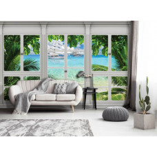 Fototapete Meerblick durch das Fenster mit Booten im Wohnzimmer.