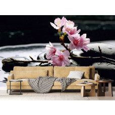Eine Fototapete mit Zen-Steinen und Kirschblüten in einem Wohnzimmer.