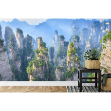 Eine Fototapete mit der einzigartigen Landschaft des Zhangjiajie National Forest Park in China, ideal für Wohn- und Schlafzimmer.