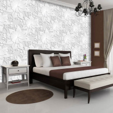 Eine Fototapete mit einem silbernen Blumenmuster im abstrakten Kunststil.