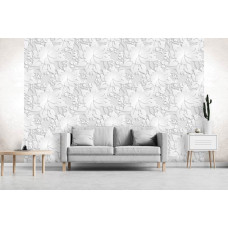 Eine Fototapete mit silbernen Blumen in einem abstrakten Muster für das Wohnzimmer.