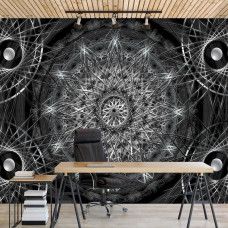 Eine Fototapete mit silbernem Mandala-Abstraktkunst für das Büro.