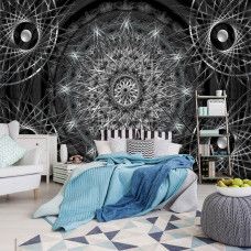 Eine Fototapete mit silbernem Mandala-Abstraktkunst für das Schlafzimmer.