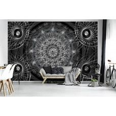 Eine Fototapete mit silbernem Mandala-Abstraktkunst für das Wohnzimmer.