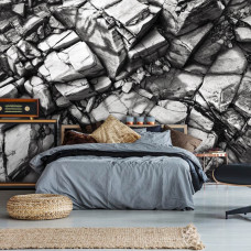 Eine Fototapete mit silbernen Felsen und Steinen für das Wohnzimmer und Schlafzimmer.