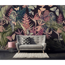 Eine Fototapete mit einem farbenfrohen Sommergarten voller Vögel und Schmetterlinge sowohl für das Schlafzimmer als auch für das Wohnzimmer.