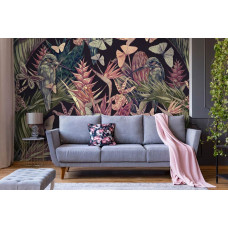 Eine farbenfrohe Fototapete mit Vögeln und Schmetterlingen in einem Sommergarten, geeignet für das Wohnzimmer.