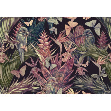 Fototapete mit einem Sommergarten voller Schmetterlinge und Vögel in farbenfroher Natur.