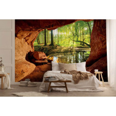 Eine Fototapete von einem sonnigen Wald aus einer Höhle im nahtlosen Design für ein Schlafzimmer.