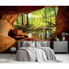 Eine Fototapete von einem sonnigen Wald, gesehen aus einer Höhle im 3D-Stil, in einem ruhigen Schlafzimmer.