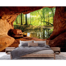 Eine Fototapete von einem sonnigen Wald aus einer Höhle im Vliesbehangstil für ein Schlafzimmer.