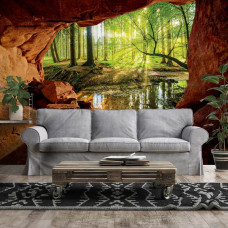 Eine Fototapete von einem sonnigen Wald aus einer Höhle in einem stimmungsvollen Wohnzimmer.