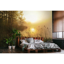 Eine Fototapete mit einem Sonnenuntergang über dem nebligen See in der Natur, ideal für das Schlafzimmer.