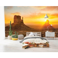 Fototapete eines Sonnenuntergangs über den Felsen in der Wüste von Arizona, mit hellem Himmel und leuchtenden Farben, für ein Jugendzimmer mit abenteuerlichem Look.