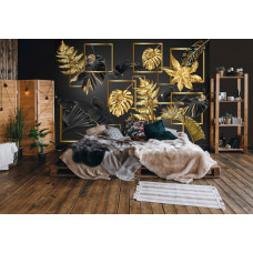 Eine Fototapete von Schwarzgold Blätter Schönheit abstrakte Kunst für auf Vliestapete im Schlafzimmer.