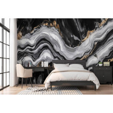 Fotobehang met elegante gouden aders in zwart marmer in een stijlvolle slaapkamer.