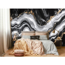 Fotobehang met zwart marmer en gouden lijnen in een landelijke slaapkamer.