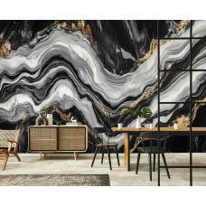 Fotobehang met zwart marmer en goudkleurige details aan de muur van een luxe woonkamer.