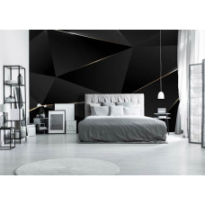 Eine Fototapete mit schwarzen 3D-geometrischen Dreiecken und goldenen Rändern mit 3D-Effekt, zu sehen im Schlafzimmer.