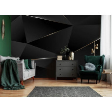 Eine Fototapete mit schwarzen 3D-geometrischen Dreiecken und goldenen Rändern, zu sehen im Wohnzimmer.