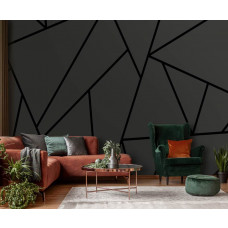 Eine Fototapete mit geometrischen schwarzen Mustern im Vliestapetenstil für ein Wohnzimmer.