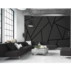 Eine Fototapete mit geometrischen schwarzen Mustern in einem modernen Wohnzimmer.
