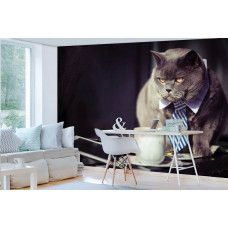 Eine Fototapete mit einer Geschäftskatze in einem Geschäftsraum mit einer humorvollen Note.