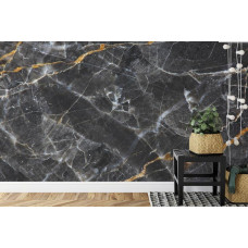 Eine Fototapete mit einer eleganten schwarzen Marmorwand in einer Küche.