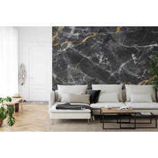 Eine Fototapete mit einer eleganten schwarzen Marmorwand in einem Wohnzimmer.