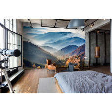 Ein Fototapete mit einer wunderschönen Darstellung des Schwarzwaldes mit nebligen Berggipfeln, ideal als Vlies-Tapete für ein Schlafzimmer.