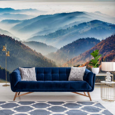 Ein Fototapete mit einer natürlichen Atmosphäre von Bergen und Wäldern im Schwarzwald, geeignet für ein Kinderzimmer.