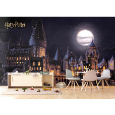 Ein Fototapete mit Hogwarts bei Vollmond im Wohnzimmer, bei dem die märchenhafte Beleuchtung des Schlosses und der klare Sternenhimmel einen verzaubernden Effekt verleihen.